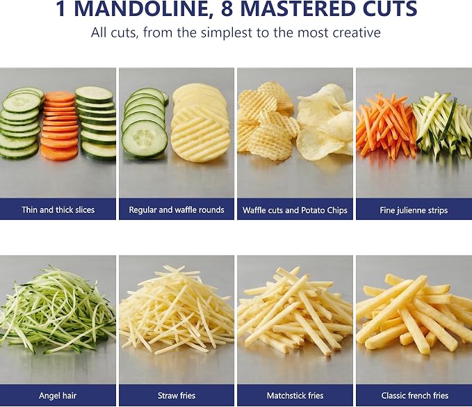 Bron Coucke – Professional Stainless Steel Mandoline with Protective Carriage – 2 Integrated Cutting Blade Units (3 mm & 10 mm) – Smooth & Corrugated Blades – Adjustable – Multi-Function