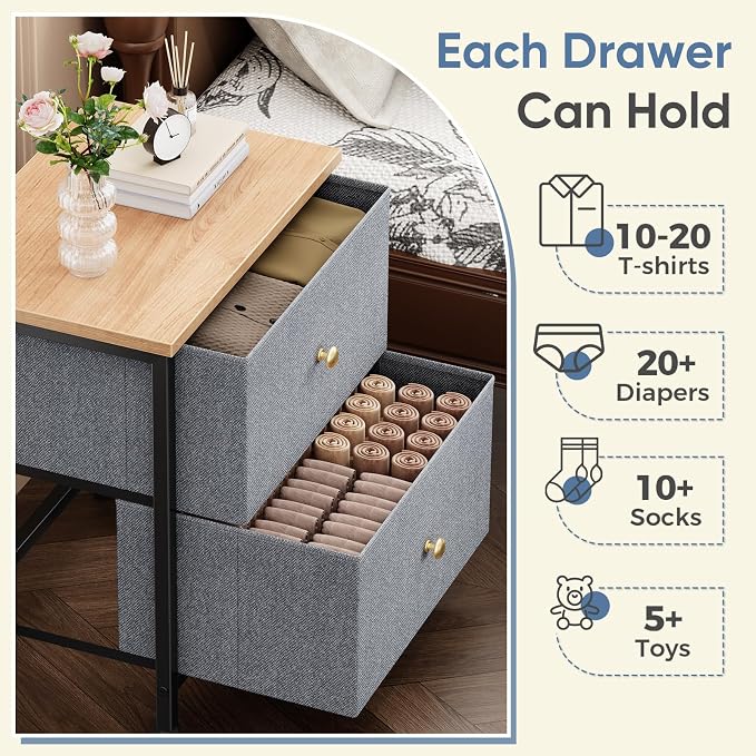 DUMOS Nightstand Small Dresser with 2 Fabric Drawers Side Tables Bedroom End Table Kids Bedside Storage Furniture for 20 inch Tall Night Stand for Closet, Entryway, College Dorm, Blue