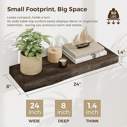 Dreamland 24 Inch Floating Shelves, Rustic Elm Wood Live Edge Wall Shelf for Home Decor, 8 Inch Deep Floating Shelf for Wall, 24 x 8 Bathroom Shelves Set of 2, Walnut Color