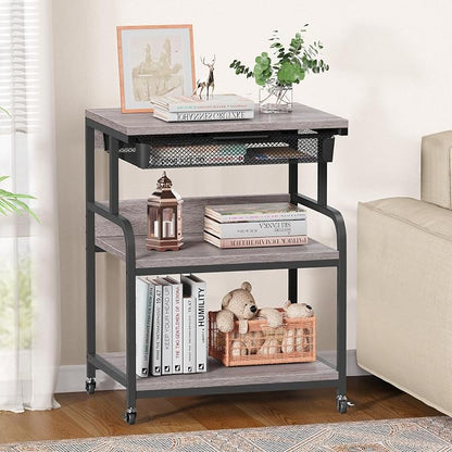 EasyCom 23.6''x18.9'' Extra Large Printer Stand with Drawer, 5-Adjustable Heights 3 Tier Table with Wheels, Rolling Printer Cart with Storage for Printer Scanner Fax Home Office Use