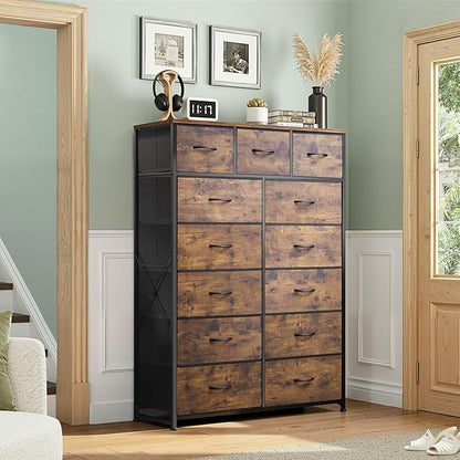 Tall Console Table with 13 Fabric Drawers, Entryway Table with Storage, Tall Storage Organizer with Wood Top, Steel Frame for Living Room, Hallway, Office, Rustic Brown Wood Grain Print