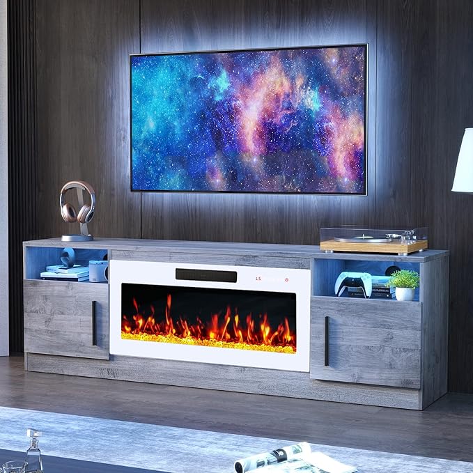 PRETZI Fireplace TV Stand with 36" Fireplace Up to 80" TVs, 70" Entertainment Center with LED Lights,Remote Control, TV Media Console with Storage Cabinets for Living Room,White+Grey