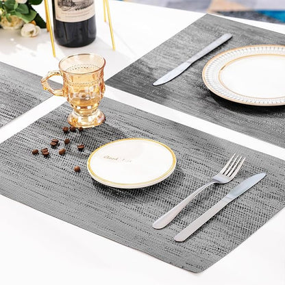 Leetaltree Grey Placemats, Heat Resistant Non-Slip Place mats for Dining Table, Washable Durable PVC Vinyl Woven Table Mats (Set of 6)