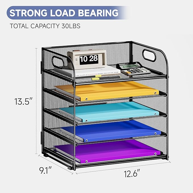 5 Tier Paper Organizer with Handle, Black Metal Mesh Desk Organizer File Folder Paper Letter Tray Desktop Document Sorter for Classroom, School, Office Accessories Organization and Storage