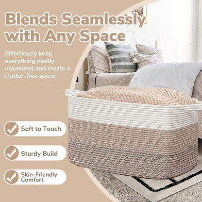 Goodpick Large Woven Blanket Basket 23.6" x 15.7" x 13.8" Cotton Rope Storage Organizer for Dirty Clothes Pillows, Soft Toy Storage Basket for Nursery Home Decor, White & Light Brown