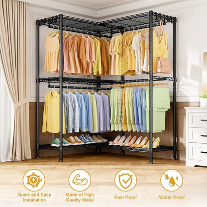 E15 Garment Rack L Shaped Clothes Rack for Corner，Freestanding Clothing Racks for Hanging Clothes，Heavy Duty Closet Organizer with 4 Hanging Rods & 8 S Hooks，43.4" W x 15.8" D x 78.4" H，Black