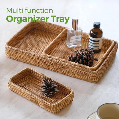 Rattan Serving Tray, Rectangle Basket Set of 3, Wicker Storage and Organizing Baskets, Natural Decorative Woven Tray for Home Decor, Bathroom, Kitchen Counter