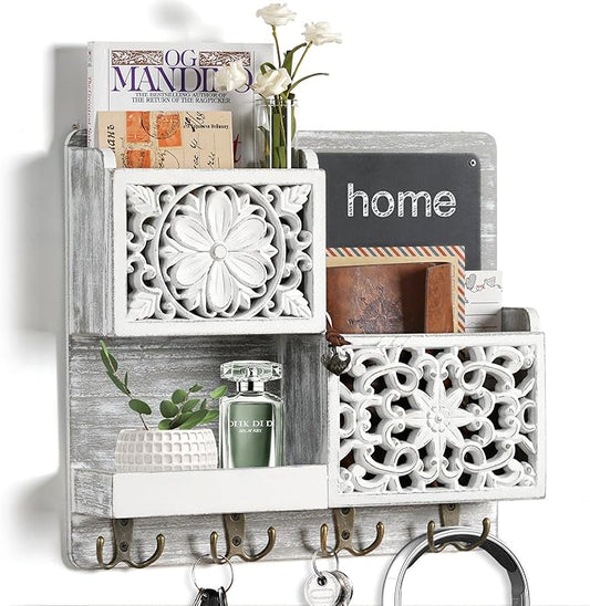 Mail Organizer Wall Mounted, 2 Slots Key Holder for Wall with 8 Hooks, Rustic Wood Key Rack with Shelf for Entryway Hallwall Farmhouse