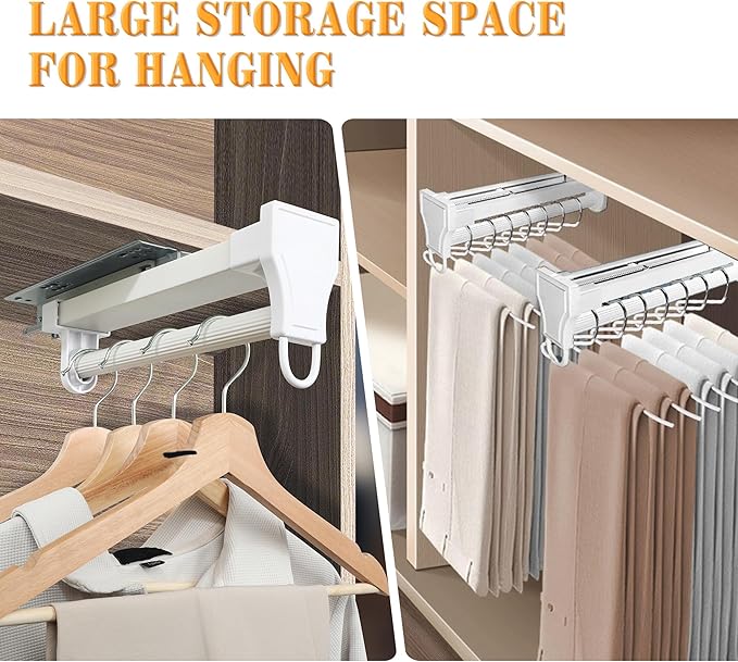 Alise 14 Inch Pull Out Clothes Hanger Rack for Closet,Heavy Duty Closet Rod with Automatic Soft-Close Mechanism for Closets,Closet Pull Out Metal Rod Organizer Hangers for Coats Pants Hangers,White