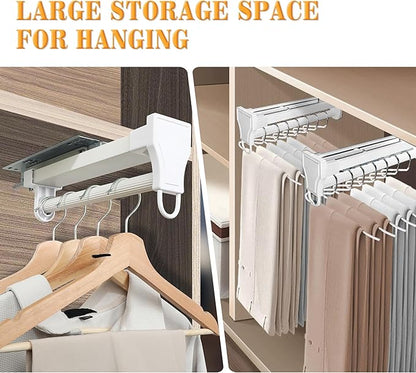Alise 10 Inch Pull Out Clothes Hanger Rack with Automatic Soft-Close Mechanism for Closets, Heavy Duty Metal Rod Organizer for Coats, Pants, and More, White