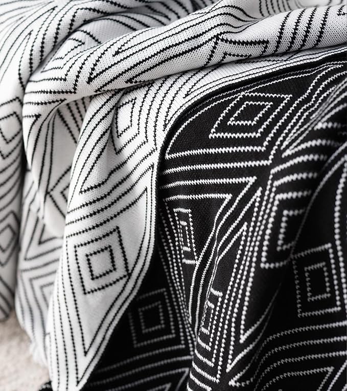 Black and White Throw Blankets, Knitted Modern Patterned Throw Blanket, Soft Lightweight Woven Throw Blanket for Sofa Couch Bed and Living Room, Black&White (50x70 Inch)