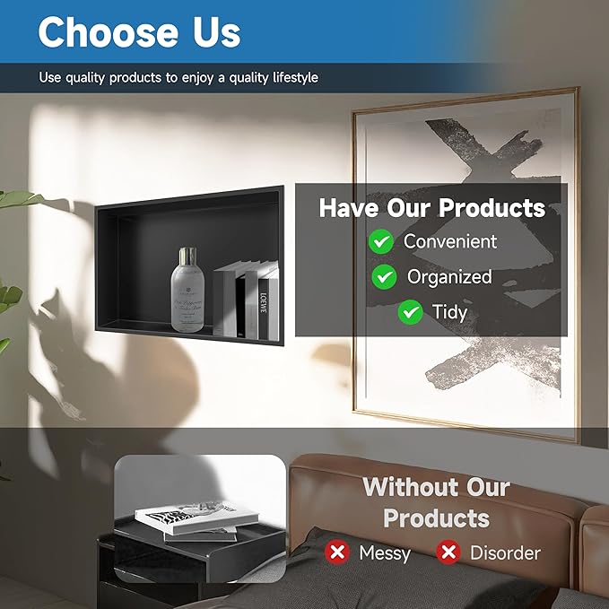 Shower Niche 18" X 12" Black, Stainless Steel Wall Niche Double Shelves Recessed Shower Shelf for Bathroom Storage, No Tile Needed Over Mount Installation