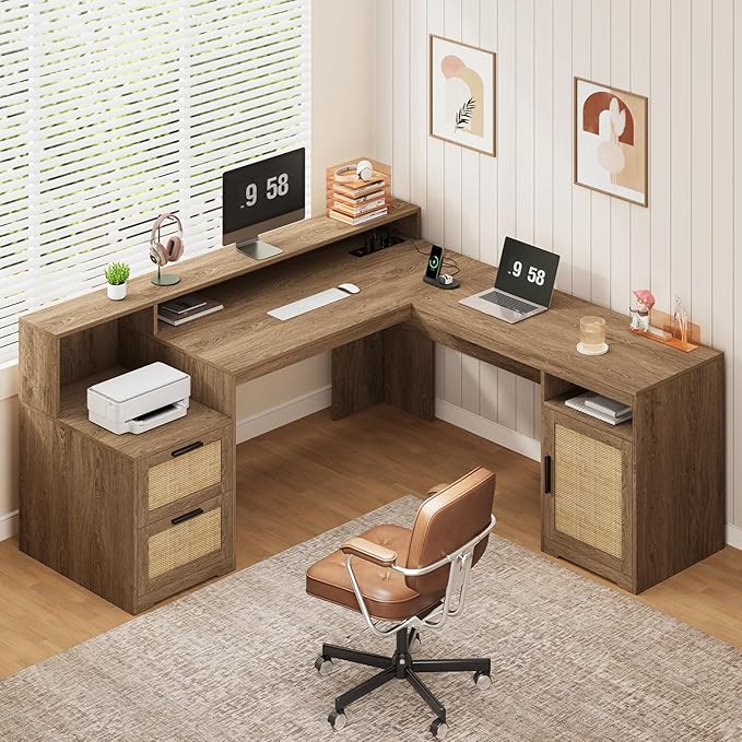 63" Farmhouse L Shaped Executive Desk with Drawers & Storage Shelf, Corner Rattan Computer Desk with Power Outlets, L Shaped Office Desk with Monitor Stand, Printer Shelf