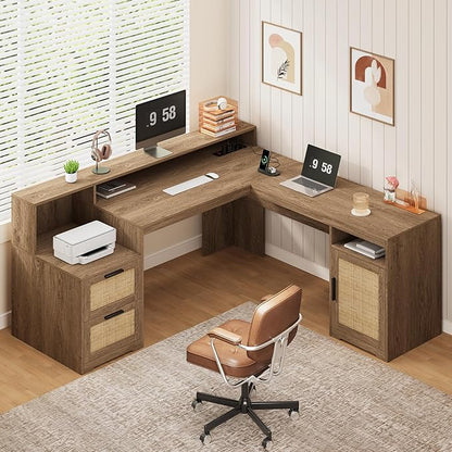 63" Farmhouse L Shaped Executive Desk with Drawers & Storage Shelf, Corner Rattan Computer Desk with Power Outlets, L Shaped Office Desk with Monitor Stand, Printer Shelf