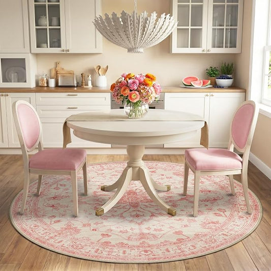 RELEANY Area Rugs Round 6ft Washable Non-Slip, Floral Vintage Distress Medallion Carpet for Living Room Bedroom Dining Room, Pink Light Vintage Pink