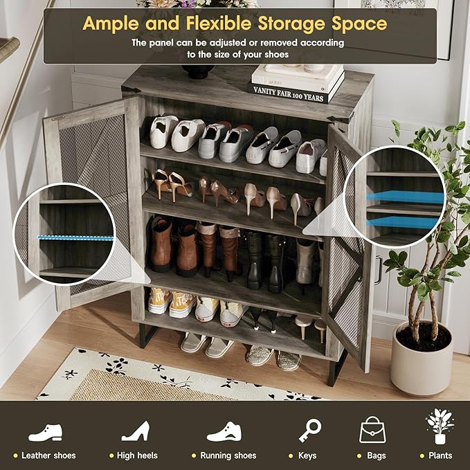 Maupvit 42.1" Farmhouse Shoe Cabinet with Ventilated Mesh Doors, 6-Tier Shoe Storage Cabinet with Adjustable Shelves & Metal Legs, Rustic Wooden Shoe Rack Organizer for Entryway, Hallway, Foyer, Grey