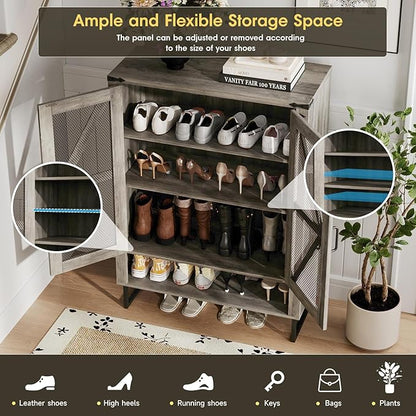 Maupvit 42.1" Farmhouse Shoe Cabinet with Ventilated Mesh Doors, 6-Tier Shoe Storage Cabinet with Adjustable Shelves & Metal Legs, Rustic Wooden Shoe Rack Organizer for Entryway, Hallway, Foyer, Grey