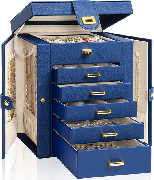 AKOZLIN 6-Tier Jewelry Box Organizer Functional 5 Drawers Leather Jewelry Storage Case for Women Girls Ring Necklace Earring Bracelet Holder Organizer with Mirror Blue Regular
