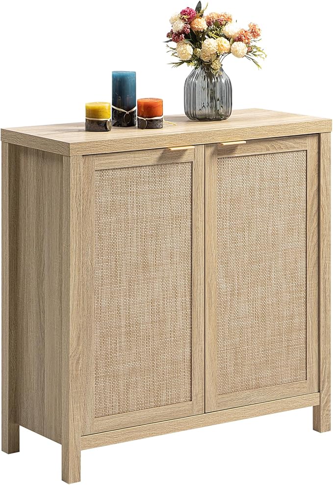 SICOTAS Rattan Sideboard Buffet Cabinet with Large Storage - Boho Credenza Coffee Bar Cabinet with Adjustable Shelves, Buffet Console Table for Kitchen Living Room Hallway - Natural