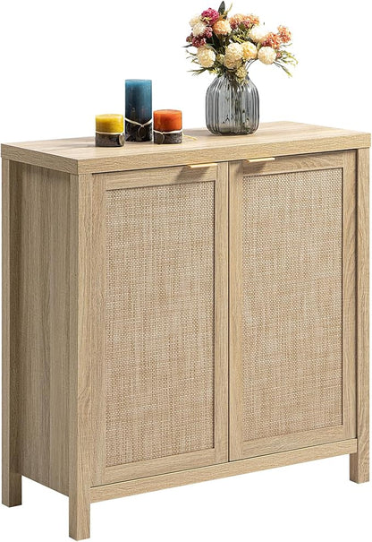 SICOTAS Rattan Sideboard Buffet Cabinet with Large Storage - Boho Credenza Coffee Bar Cabinet with Adjustable Shelves, Buffet Console Table for Kitchen Living Room Hallway - Natural