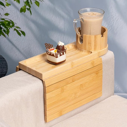 Couch Cup Holder Tray for Armrests Over 4.9" Wide, Bamboo Couch Arm Tray with 360° Rotating Phone Stand, 3 in 1 Foldable Sofa Arm Tray Table for Remote, Snacks, Phone, Drinks Natural