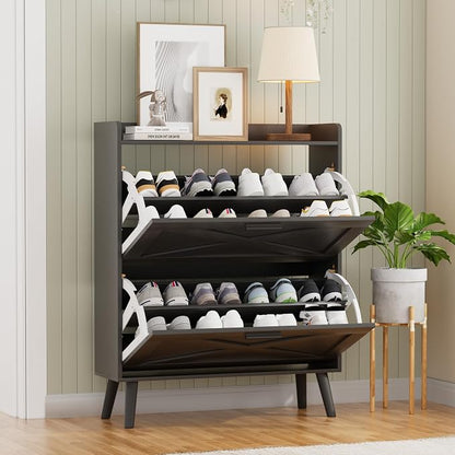 Homleke 32" W Farmhouse Shoe Storage Cabinet with 2 Flip Drawers and Barn Door Design, Adjustable Shelves, Modern Hidden Slim Narrow Shoe Rack Cabinet for Entryway, Foyer, Hallway, Living Room, Black