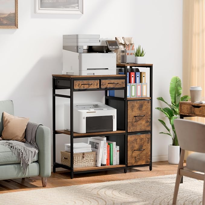 JUSTOGO Printer Stand with 4 Drawer, 43" x 36" x 16" Extra Large File Cabinet with Open Storage Shelf, 5 Tier Printer Table Lateral Filing Cabinet for Home Office, Rustic Brown