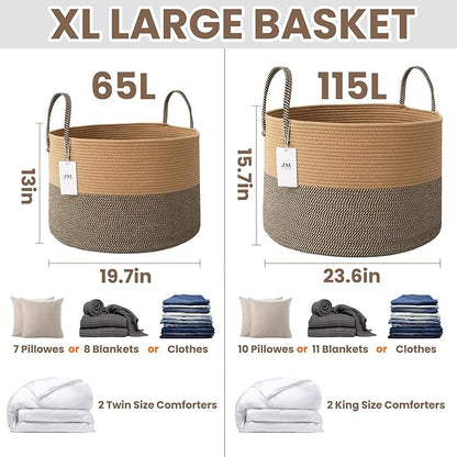 JMvicyroam 65L Extra Large Blanket Basket for Living Room - Woven Cotton Rope Laundry Hamper with Reinforced Handles - Storage Bin for Pillows, Comforters & Toys - Machine Washable,Jute&Black
