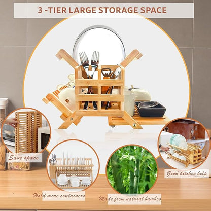Bamboo Dish Drying Rack with Utensil Holder Set,3-Tier Collapsible Wood Dish Drying Rack for Kitchen,Folding Bamboo Drying Rack with Utensils Flatware Holder,Space-Saving Storage