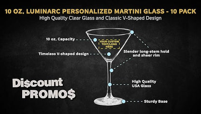 Custom Martini Glasses by ARC 10 oz. Set of 10, Personalized Bulk Pack - Perfect for Hotel, Bar, Restaurant or Lounge - Clear