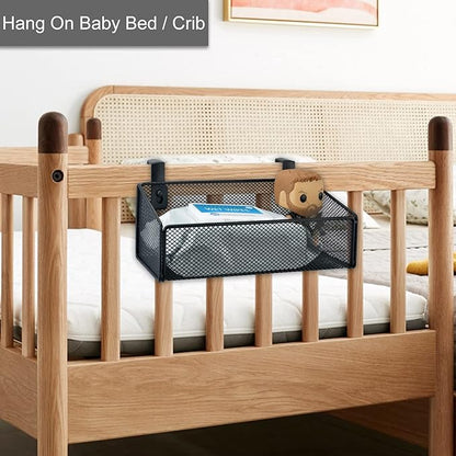 Bedside Caddy Hanging Storage Basket Beside Shelf Metal Organizer for Collage Dorm Bunk Bed,Hospital Bed,Baby Bed - Bedroom Essentials for Magazine,Remote Control,Phone,Drinks (Black)