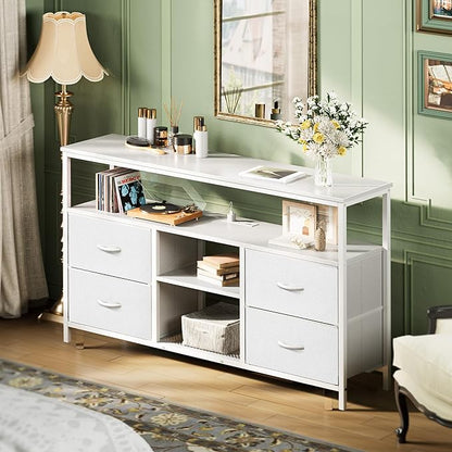Huuger 47 Inch TV Stand Dresser with Power Outlets and LED Lights, 4 Drawers Entertainment Center with Open Shelf, Media Console for 55 50 Inch TV, Dresser with PU Finish, White