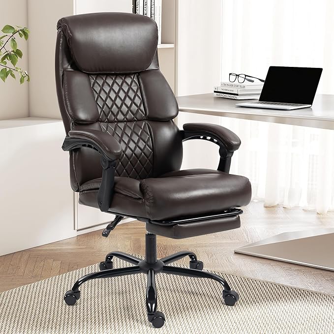 Office Chair, Executive High Back Leather Home Office Desk Chair with Footrest & Lumbar Support - Ergonomic Reclining Comfortable Wide Swivel Rolling Gaming Computer Chair 90-135° Adjustable Tilt Lock