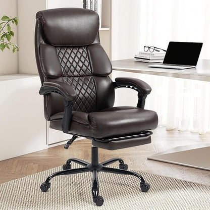 Office Chair, Executive High Back Leather Home Office Desk Chair with Footrest & Lumbar Support - Ergonomic Reclining Comfortable Wide Swivel Rolling Gaming Computer Chair 90-135° Adjustable Tilt Lock