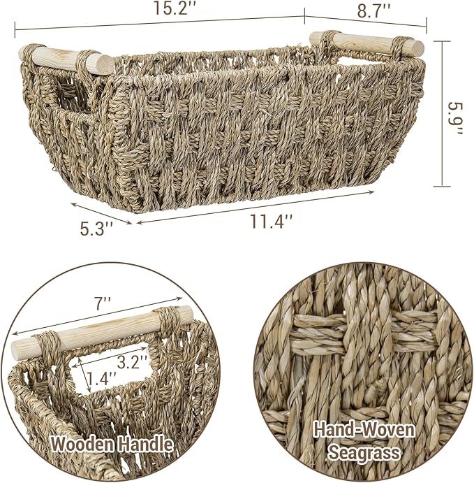 MyGift Hand-Woven Seagrass Bathroom Hand Towel Holder Basket with Wooden Handle, Rustic Countertop Storage Organizer for Towels & Toiletries