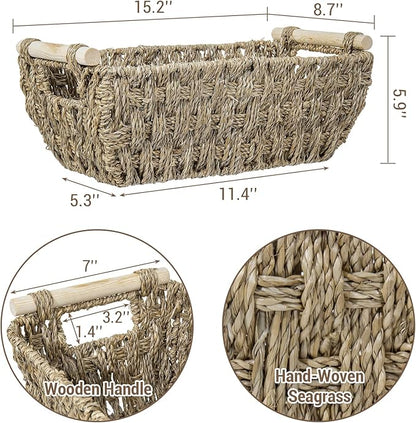MyGift Hand-Woven Seagrass Bathroom Hand Towel Holder Basket with Wooden Handle, Rustic Countertop Storage Organizer for Towels & Toiletries
