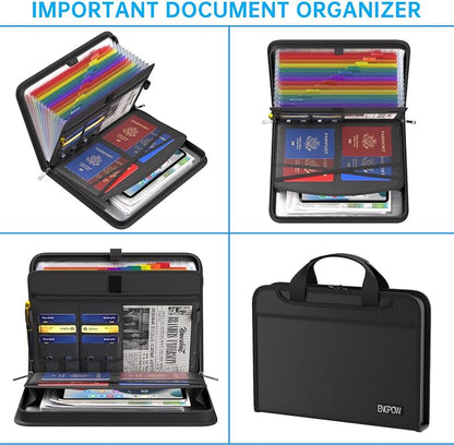 ENGPOW Accordion File Organizer, Fireproof 5200°F Expanding File Folder with 13 Pockets Document Organizer with Handle & Labels, Portable Home Office Travel Safe Storage for Letter A4 Files, Black