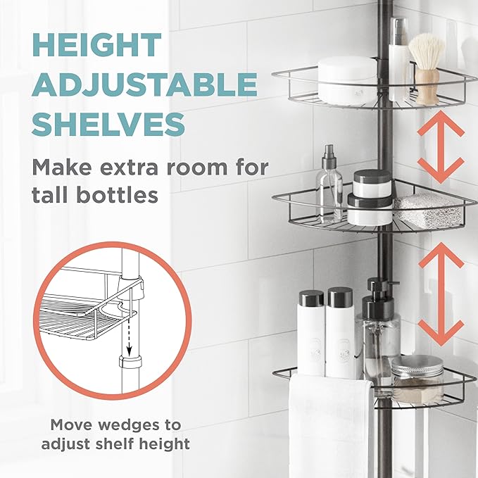 Zenna Home Tension Pole Shower Caddy Corner Organizer, Adjustable Standing Shower Caddy with 4 Baskets and Towel Bar, Rust Resistant Bathroom Tension Rod Organizer, 60 to 97 Inch, Bronze | Adjustable, Built in Towel Bar, Rust-Resistant