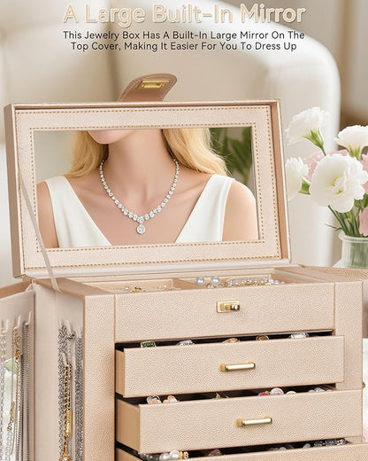 AKOZLIN Jewelry Box 360° Rotating 6-Tier Functional Jewelry Storage Case Organizer for Women Girls Ring Necklace Earring Bracelet Holder with Mirror