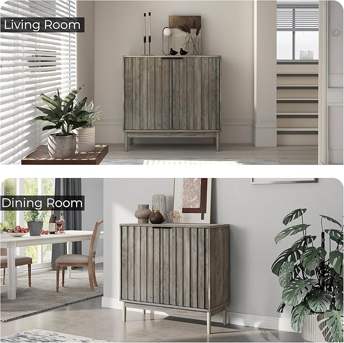 Fluted Cabinet with Storage, Buffet Cabinet Sideborad with 2 Doors, Grey Buffet Storage Accent Cabinets with Adjustable Shelves for Living Room, Entry, Hallway, Kitchen