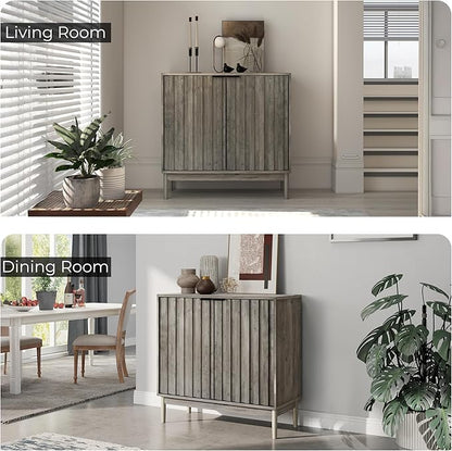 Fluted Cabinet with Storage, Buffet Cabinet Sideborad with 2 Doors, Grey Buffet Storage Accent Cabinets with Adjustable Shelves for Living Room, Entry, Hallway, Kitchen