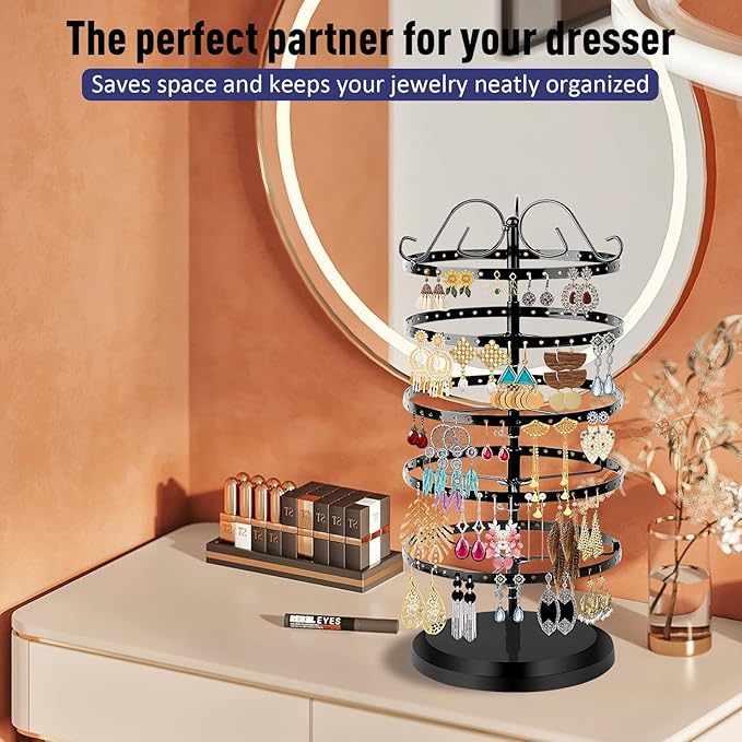5 Tier 360 Rotating Earring Holder Organizer Stand, Jewelry Tree Rack, 220 Holes Display Storage for Stud Hoop Earrings, Vintage Metal Design, Space Saving Table Decor