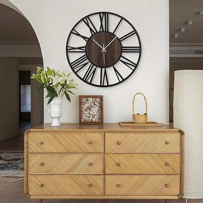 LEIKE Extra Large Wall Clocks,Silent Little Ticking,Battery Operated Vintage Round Modern Wood Wall Clock for Living Room, Bedroom,Farmhouse,Office Home Decor-32 Inch(Black-Roman Numerals)