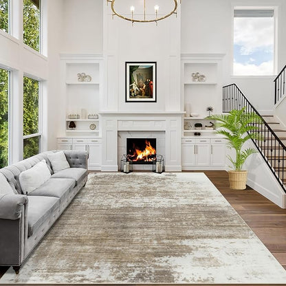 8x10 Area Rugs Washable Rug: Modern Abstract Living Room Rug Soft Anti-Skid Thin Carpet Indoor Floor Non-Shedding Carpets for Bedroom Dining Room Farmhouse Nursery Home Office Brown White