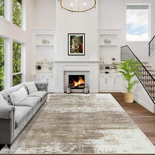 8x10 Area Rugs Washable Rug: Modern Abstract Living Room Rug Soft Anti-Skid Thin Carpet Indoor Floor Non-Shedding Carpets for Bedroom Dining Room Farmhouse Nursery Home Office Brown White