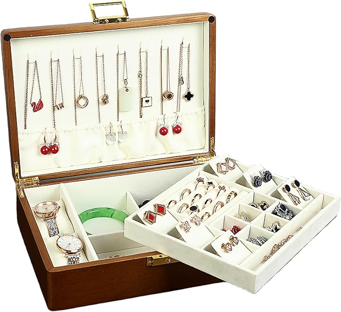 Solid Walnut Wood Jewelry Box with Lock, 2-Layer Vintage Jewelry Organizer for Men Women, Velvet-Lined Storage Chest with Key Lock (Beige)