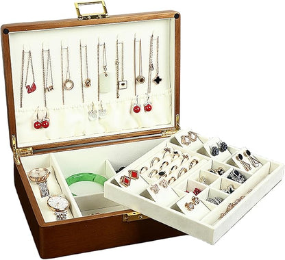 Solid Walnut Wood Jewelry Box with Lock, 2-Layer Vintage Jewelry Organizer for Men Women, Velvet-Lined Storage Chest with Key Lock (Beige)