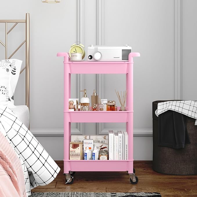 MIOCASA Utility Rolling Cart with Cover Top Board, 3-Tier Kitchen Storage Organization, Art Cart with Wheels for Office, Classroom, Livingroom, Kitchen, Bathroom (Pink, 3-Tier-Plastic)