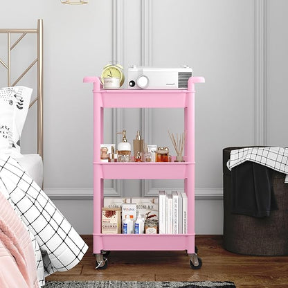 MIOCASA Utility Rolling Cart with Cover Top Board, 3-Tier Kitchen Storage Organization, Art Cart with Wheels for Office, Classroom, Livingroom, Kitchen, Bathroom (Pink, 3-Tier-Plastic)