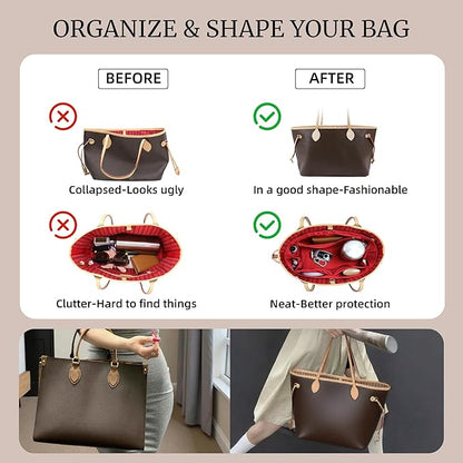 Purse Organizer Insert, Satin Tote Bag Organizer with 8 Sizes, Handbag Dividers for Inside Purse, Compatible with Longchamp, Neverful, 25C Hobo and More Bags（X-Large,Ruby）